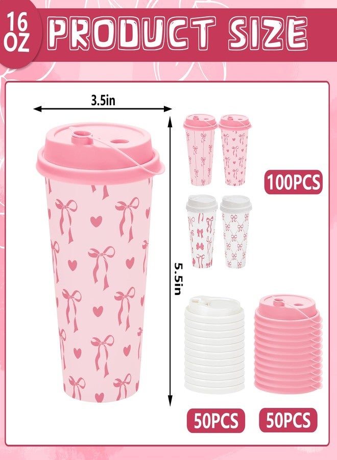 Whaline 100Pcs Pink Bow Paper Cups with Lids 16oz Bowknot Heart Disposable Cups Cute Coquette Drinking Cup for Hold Cold Drinks - Image 2